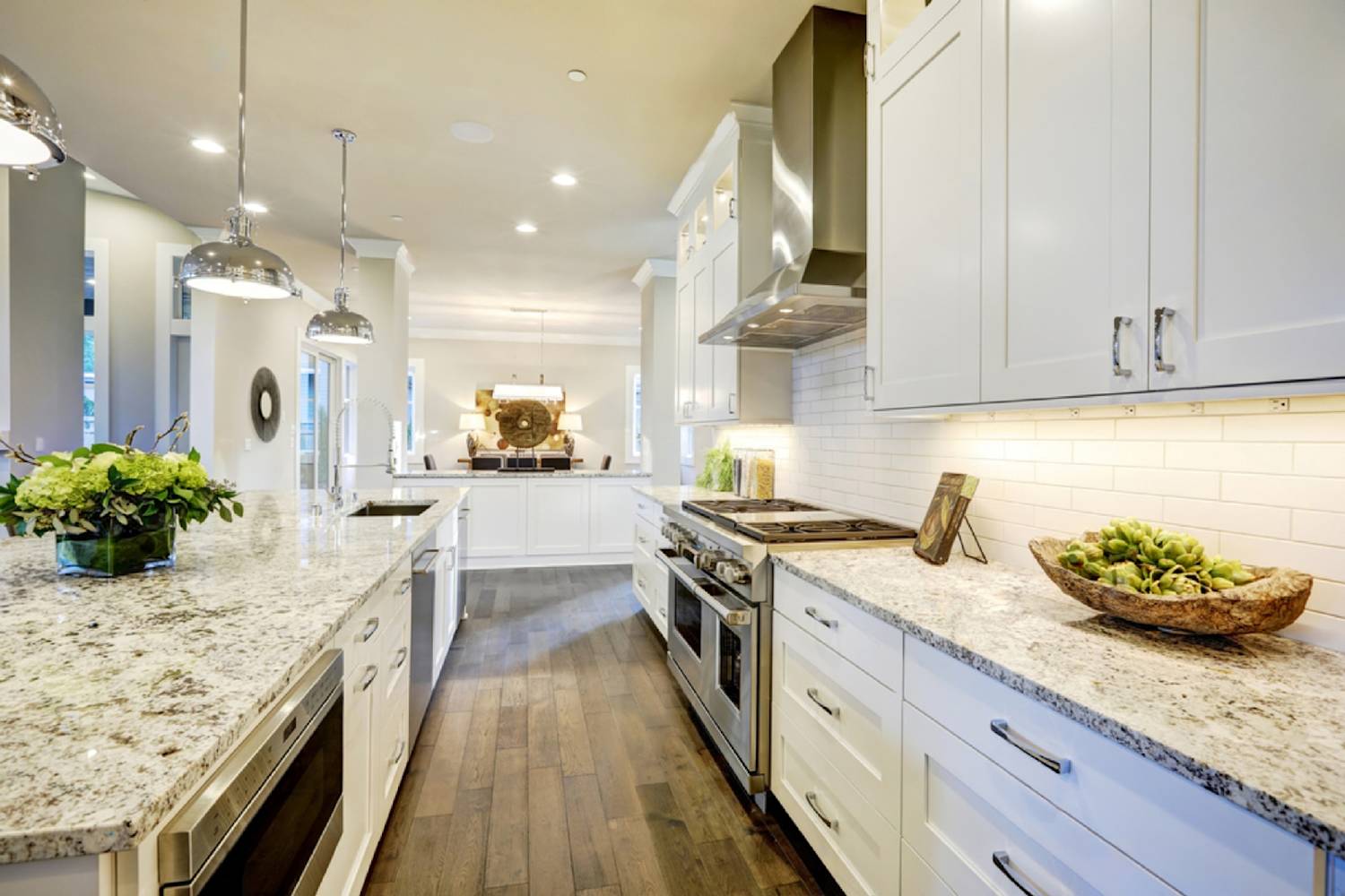 Polished granite countertop surface