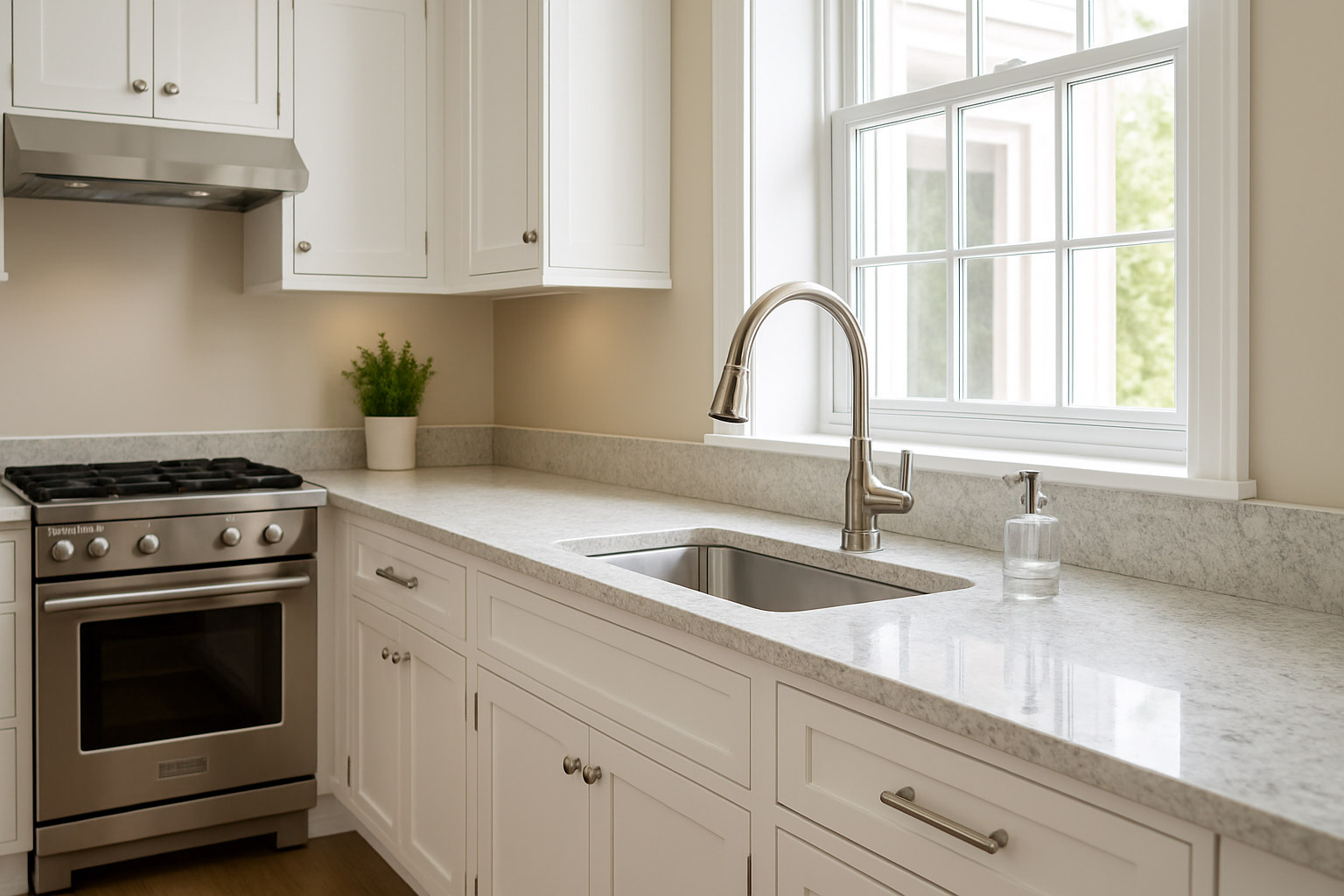 Finished kitchen project with granite countertops and modern cabinetry