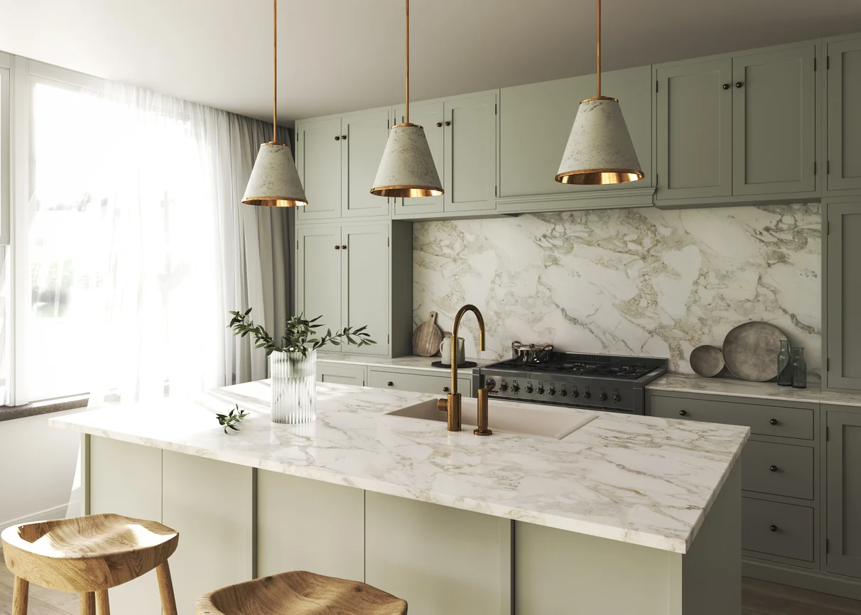 Detail of engineered quartz countertop surface with fine veining